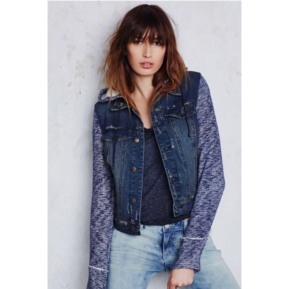 Free People NWT XS Knit Hooded Denim Jacket Blue & Gray Mixed-Media Boho/90s